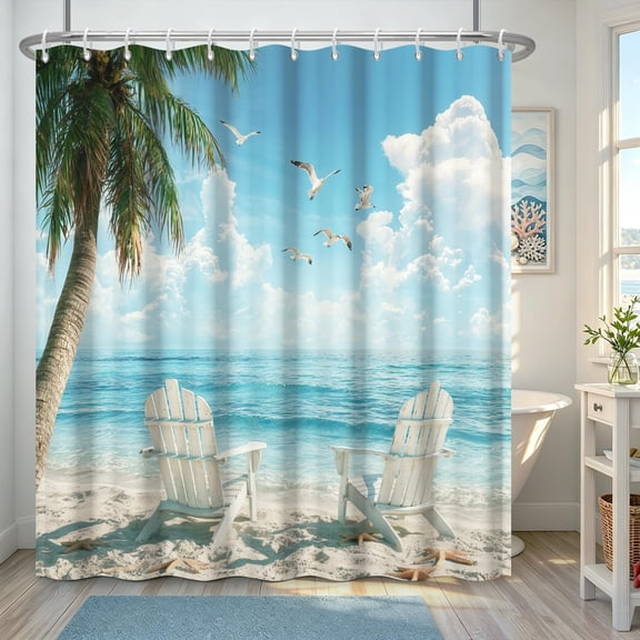 Beach Tropical Palm Tree Shower Curtain Ocean Sea View Bathroom Decor with Seagulls and Chairs Waterproof Fabric 71x71 inches