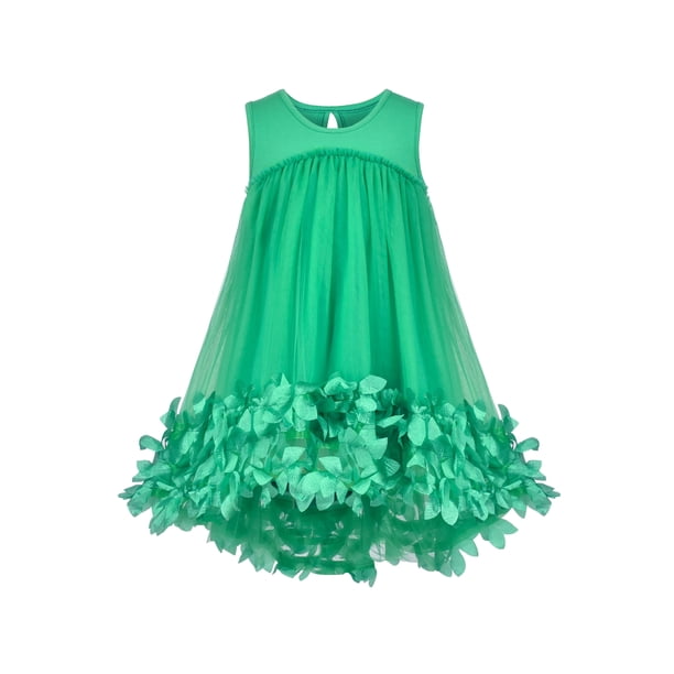 Vestido de Niña Verde Flores 3D sin Mangas Cintura Libre Bolso 6 Años