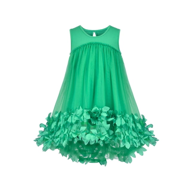 Robe Fille Verte Fleurs 3D Sans Manches Taille Libre Sac à Main 7 Ans
