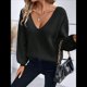 thumbnail image 5 of Suéter de Cuello en V con Hombros Descubiertos para Mujer, Camisa Ajustada de Larga, Suéter con Lazo en la Espalda Negro L, 5 of 8