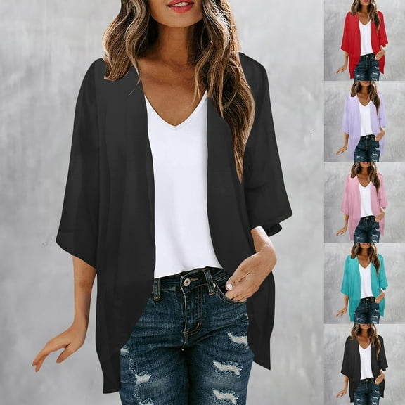 BiZtdJrK Shrugs for Women Chiffon 3/4 Bell Sleeve Open Front Cardigan Loose Lightweight Kimono Summer Beach Sheer Cover Up Black XL