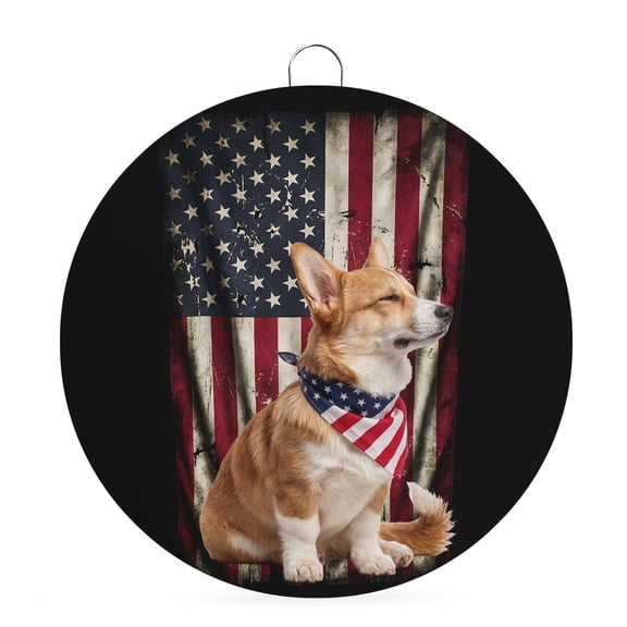 Round Welcome Sign for Front Door, 250 Memorial Day Hanging Metal Farmhouse Wall Decor for Porch Entryway, Patriotic America Flag Corgi Dogs Abstract Decoration for Holiday Housewarming Gift, 6 in