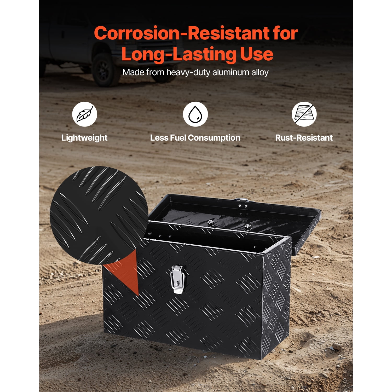 KFFKFF Durable Aluminum Truck Bed Tool Box, Textured Storage Box with Side and Top Handles, Organizer Chest for Trailers, Pickups, RVs, 16"x7.5"x10", Black