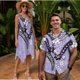 thumbnail image 2 of Garronmavis Matching Vacation Outfits for Couples Polynesian Hibiscus Mens Button Down Shirt Soft Hawaiian Blouse Tops and Womens Sleeveless Dress Irregular Hem Tank Dress, 2 of 7