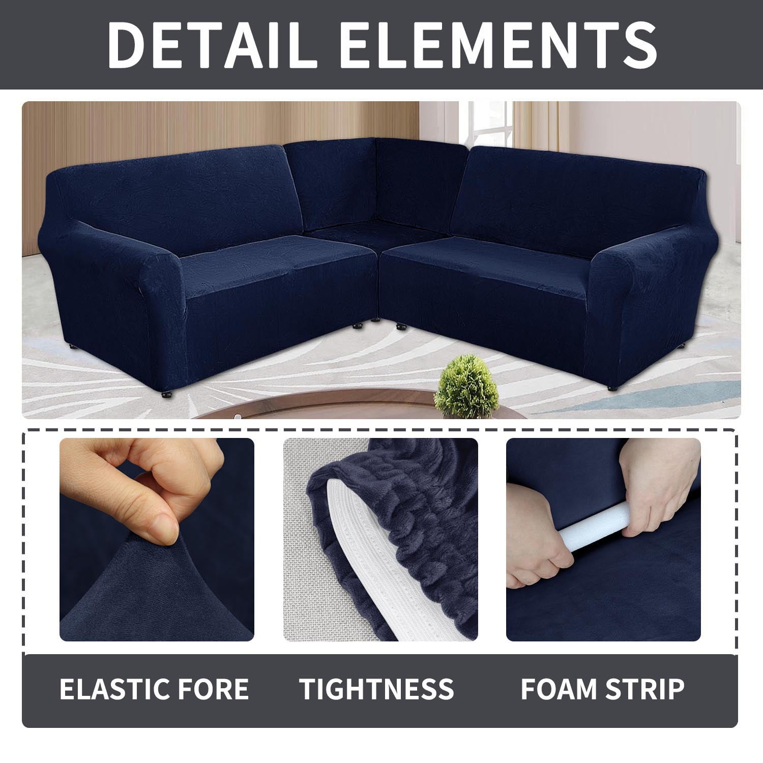 Eurhowing 5-Seater L-Shaped Sofa Cover, Stretch Velvet Soft Couch Slipcover for Sectional Corner Sofa, Non-Slip Furniture Protector, Navy Blue
