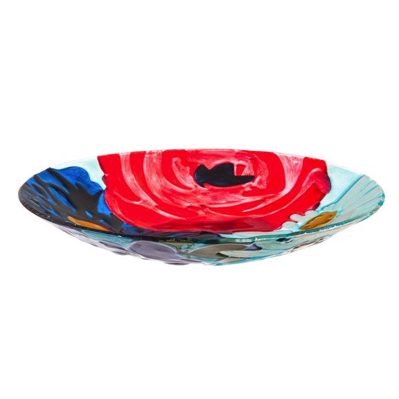 Evergreen 18" Hand Painted Embossed Glass Bird Bath, Red/White/Blue Florals, 18.1'' x 18.1'' x 1.6'' inches