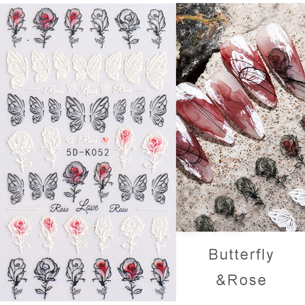Flower Nail Art Sticker Decals 5D Exquisite Hollow Pattern Nail Art Supplies Self-Adhesive Embossed Nail Art Decoration White Feather Lace Flower Leaf Design DIY Acrylic Nail Art 3 Sheet