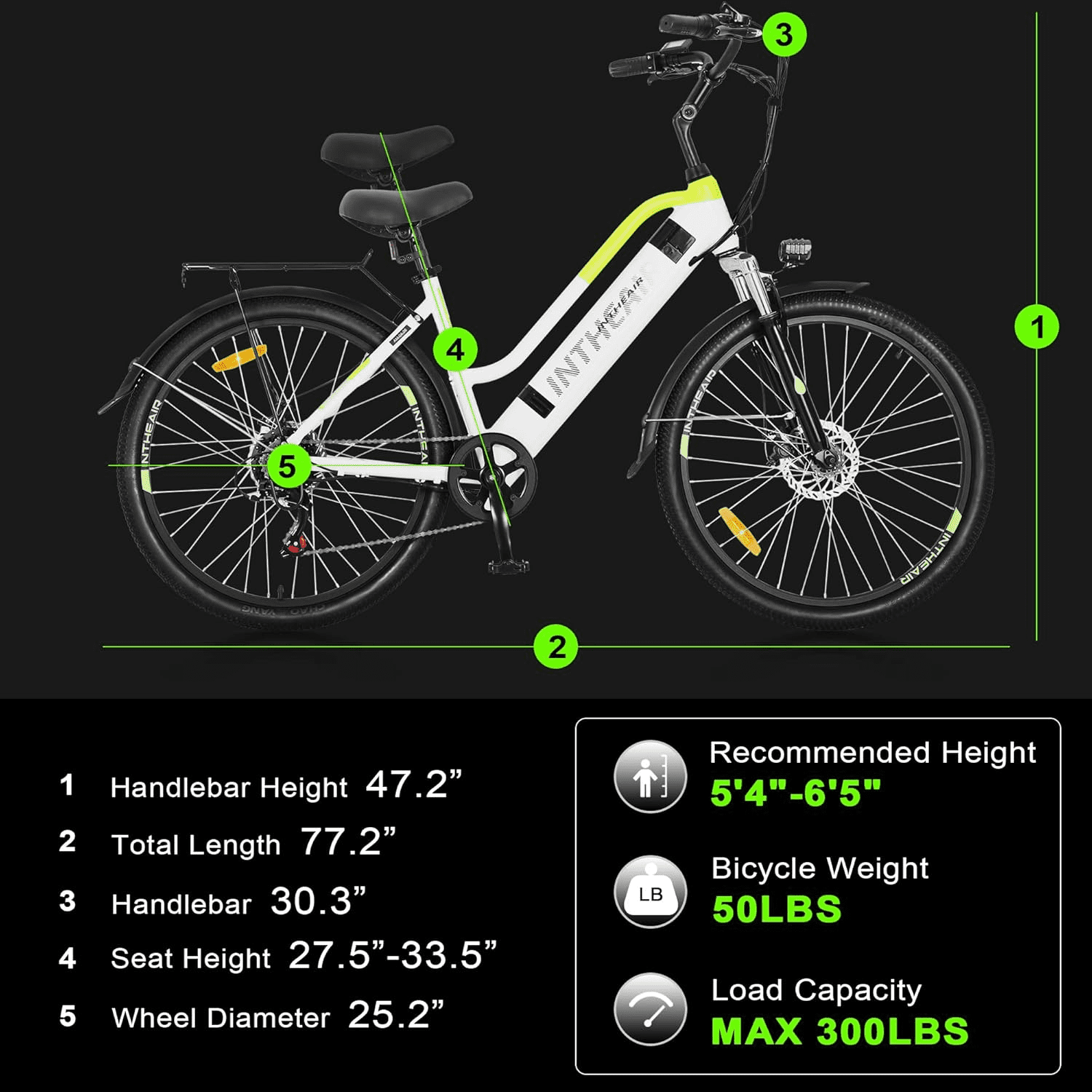 INTHEAIR Adult Electric Commuting Bicycles 500W Ebike, 26" E-bike, 36V 10Ah Removable Battery ELectric Bike for Adults UL2849，White