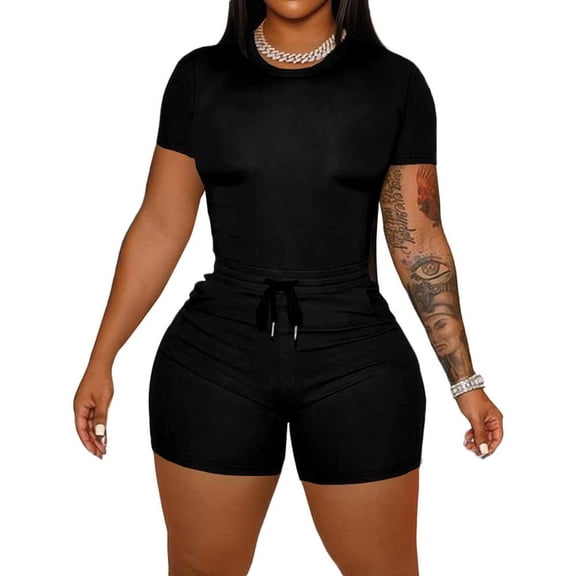 Women‘s 2 Piece Outfits Summer Sweatsuits Biker Short Workout Sets Black L