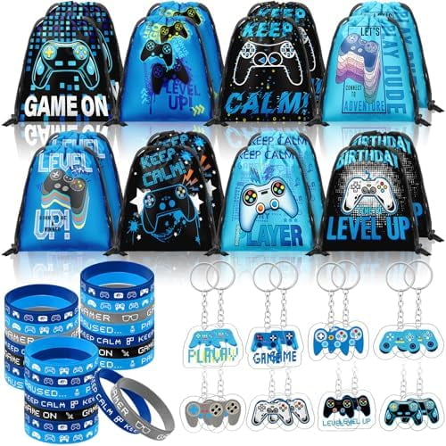 48 Pcs Video Game Party Favors Bulk with 16 Blue Black Video Game Gift Drawstring Backpack Goodie Bags Snacks Candy Bag 16 Wristband 16 Keychain for Play Birthday Party Supplies Decorations