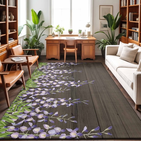 Large Area Rugs 6'x9', Purple Flowers Carpet Runner Indoor Outdoor Rugs Home Decor Aesthetic, Weeping Spring Floral Wooden Pastoral Non Slip Mats Washable Accent Rug for Living Room Bedroom