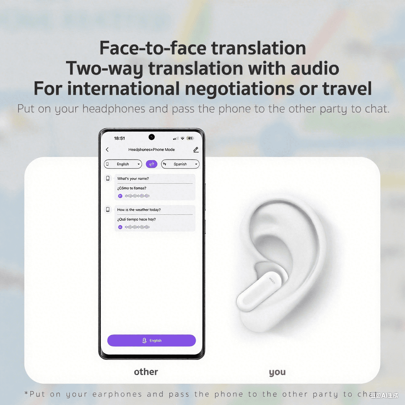 NE20 Wireless In-Ear Earbuds, AI Translator, Noise-Cancelling, LED Touch Screen, 130+ Languages, 24H, IPX5 Waterproof, Beige