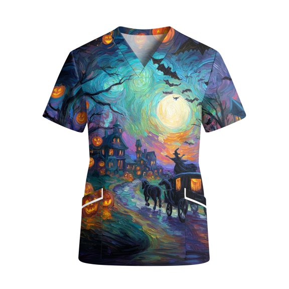 Halloween Womens Scrubs Tops Cartoon Bat Pumpkin V Neck Short Sleeve Cute Scrubs Tops Nurse Scrubs Stretchy Summer Holiday Fashion Uniform Workwear With Pockets Blue S