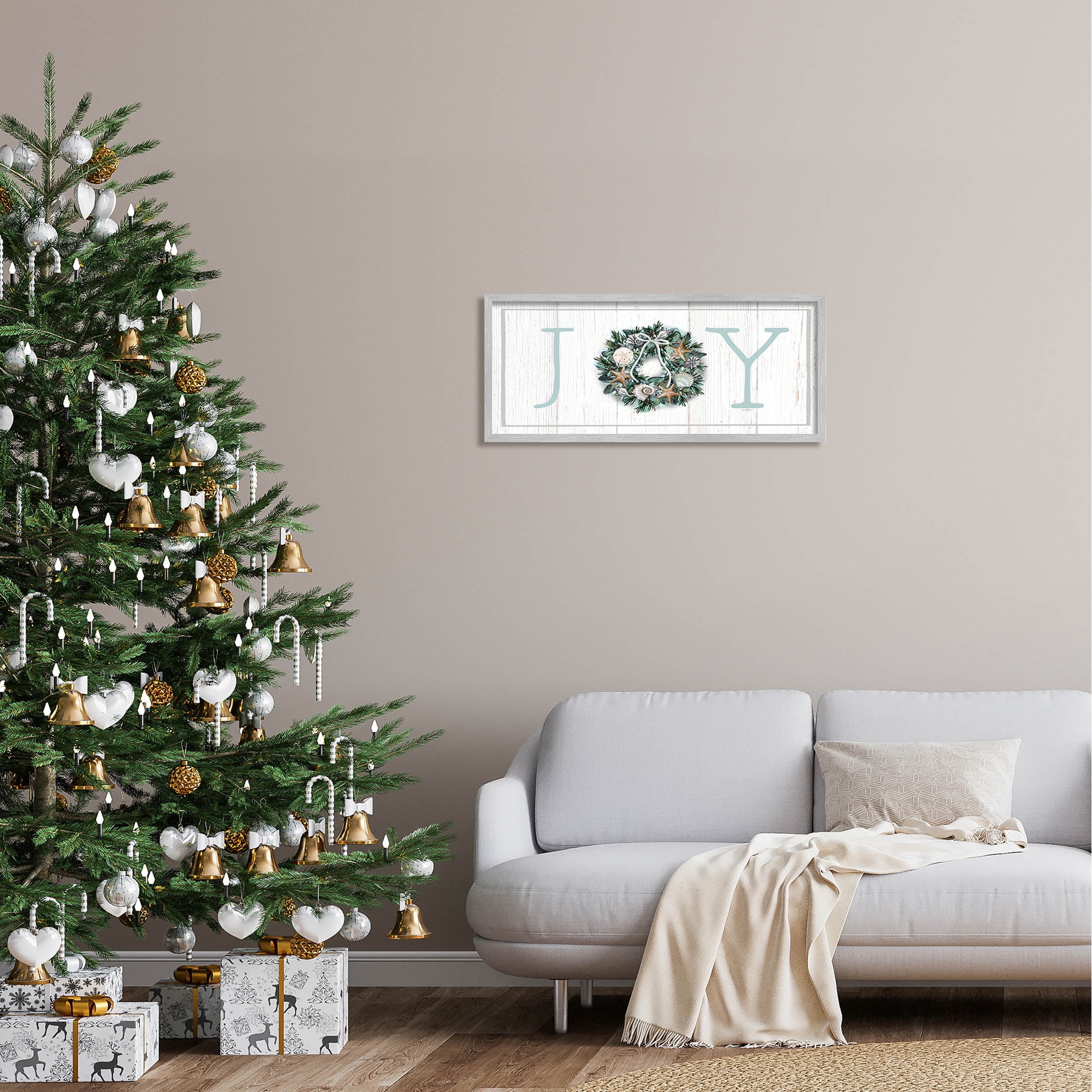 Stupell Industries Joy Holiday Seashell Wreath Graphic Art Gray Framed Art Print Wall Art, Design by Elizabeth Tyndall