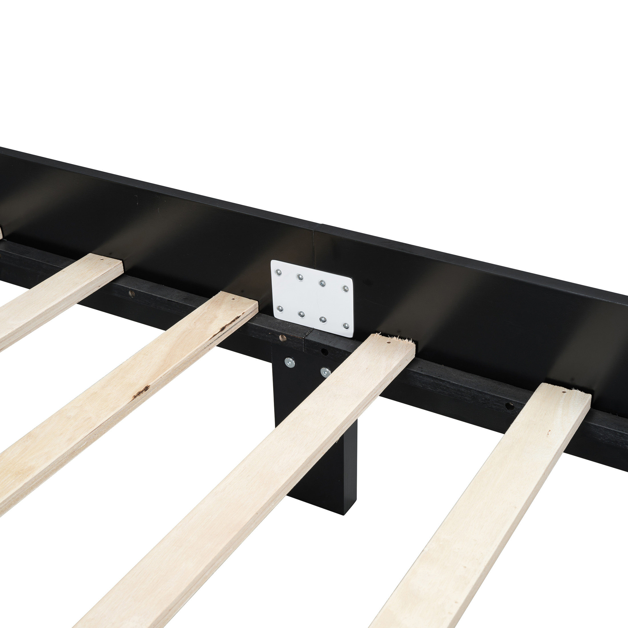 Noble House Queen Size Wooden Platform Bed with Natural Rattan Headboard,Wooden Slat Support,Black