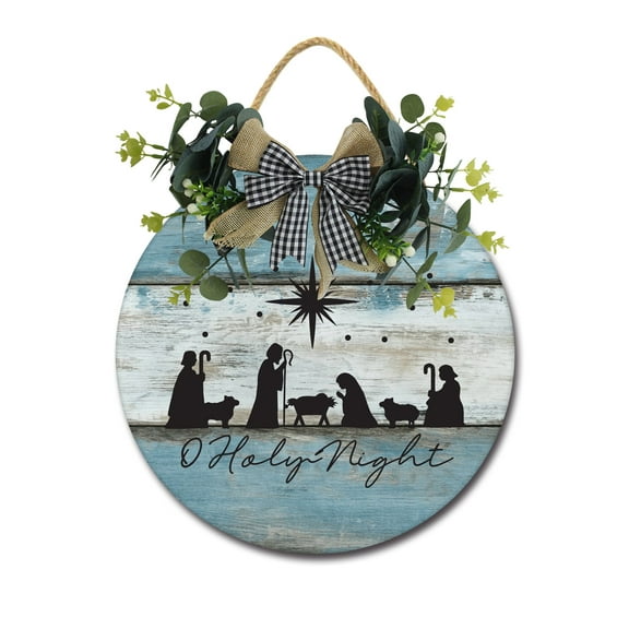Front Door Porch Decorations O Holy Night Door Hanging Sign 11 inch Wooden Wall Sign, Rustic Holiday Wreath Decor for Front Door Porch Home Window Wall Farmhouse Decorations