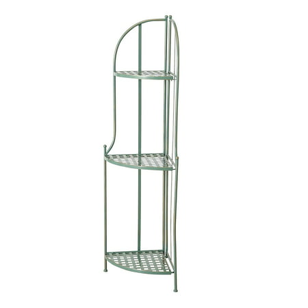Charlton Street Corner Rack, 3 Shelves, Rustic Green with Terracotta Undertone, Paint Rubbed Distressing, Vintage Style, Iron, Woven Details, Folding, 4 Feet 7 Inches Tall, Indoor or Outdoor (Best Street Style Stores)