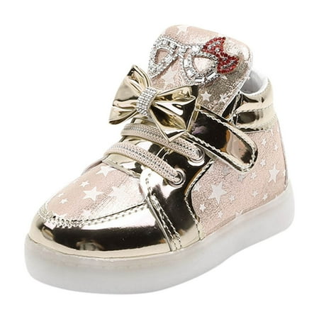 ZHAGHMIN Kids  Cartoon Glitter Led Light Up Shoes Unisex Pu Leather Breathable Glow In the Dark Sneakers for Girls Trendy Leather Baby Shoes Gold Size22