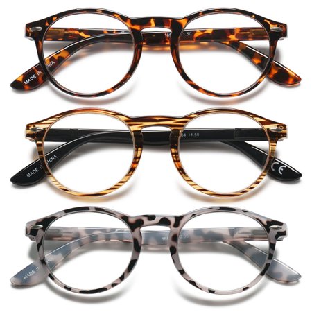 MAGIMODAC Round Reading Glasses Womens Mens Spring Hinge Lightweight Classic Retro Readers Eyeglasses 0.0 1.0 1.5 2.0 2.5 3.0 3.5 Leopard+brown+grey, +0.0