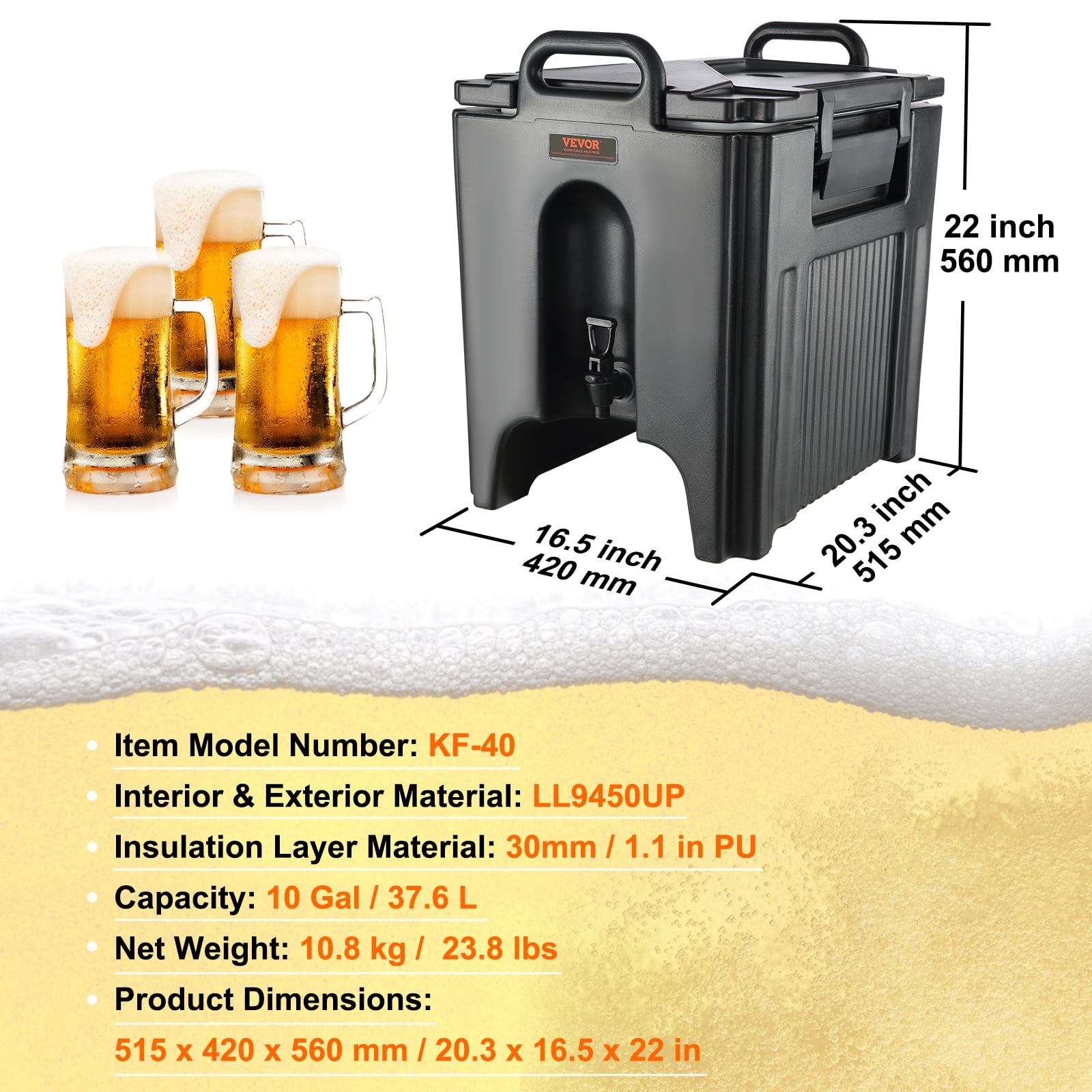 VEVOR Insulated Beverage Dispenser,10 Gallon, Food-grade LL9450UP Hot and Cold Beverage Server, Thermal Drink Dispenser Cooler with 1.18 in PU Layer Two-Stage Faucet Handle, for Restaurant Drink Shop
