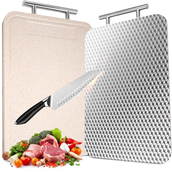 BUSATIA Stainless Steel Cutting Board,Double Sided Steel Cutting Boards for kitchen Non Toxic,Stainless Steel/Wheat straw pp Large Chopping Board for Meat,15.35 * 9.84 Inch,Dishwasher Safe