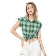 thumbnail image 6 of INSPIRE CHIC Women's Point Collar Short Cap Sleeves Plaids Button Down Shirt XL Green, 6 of 9