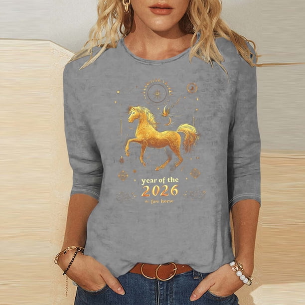 TaTaai Ladies 2026 New Year Graphic Print 3/4 Sleeve Blouse Round Neck Casual Top Holiday Celebration Festive Party Attire Gift