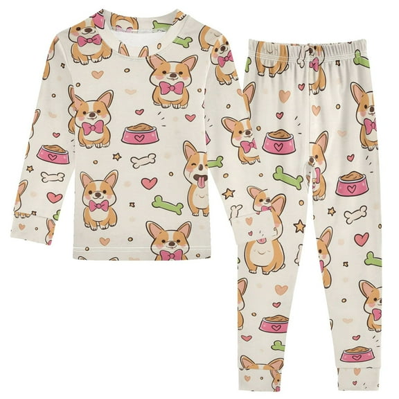 joogoo Cute Corgi Dogs Bones 2 Piece Long Sleeve Tee and Pants Cotton Pajama Set 5Y