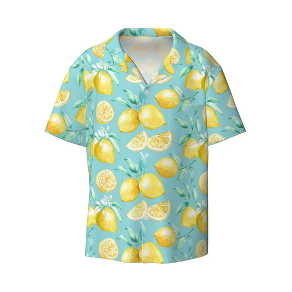 Ratiio Yellow Lemon Print Mens Casual Short Sleeve Shirts Button Down Textured Shirts Summer Beach Shirt with Pocket Men's Casual Short-sleeved Shirt