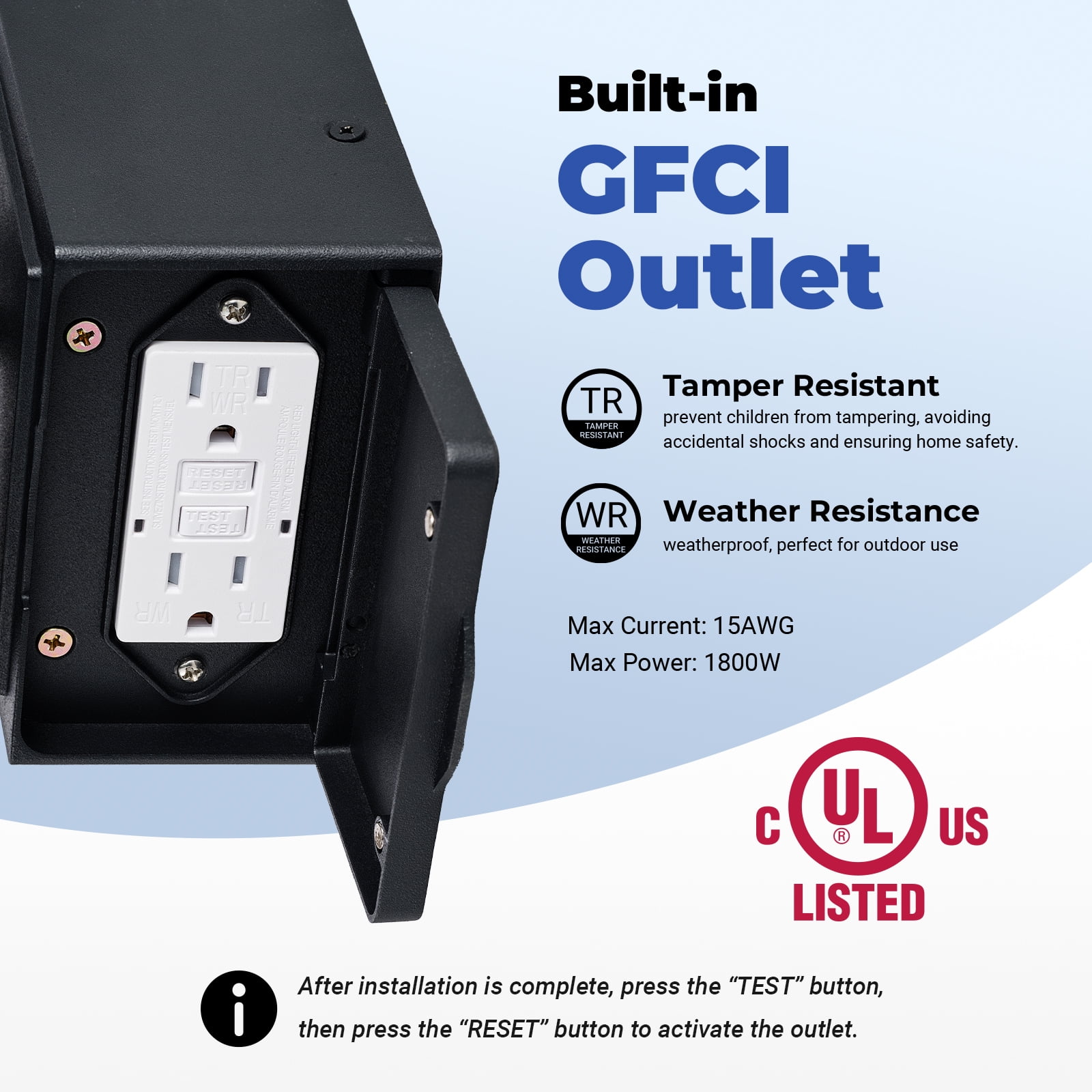 Porch Light with GFCI Outlet, Motion Sensor Outdoor Lights, Dusk to Dawn 3 Lighting Modes Outdoor Light with Outlet, Black Outside Lights for House, Garage, Garden, Waterproof, 100% Aluminum