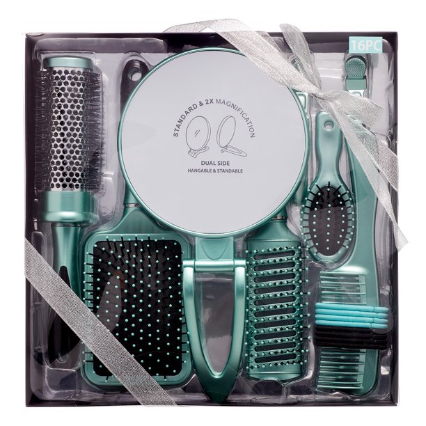 Salon Hair Brush Styling Gift Set with Hand Mirror, Teal, 13 Pieces