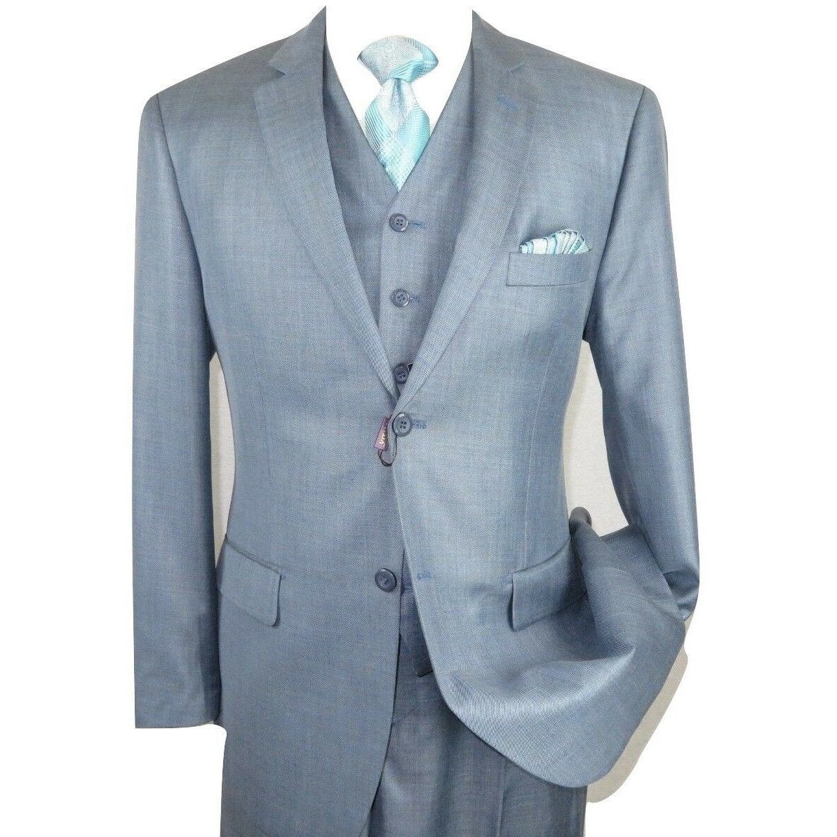 Mens Three Piece Suit Vested VITALI Shiny Sharkskin M3090 Ocean Blue