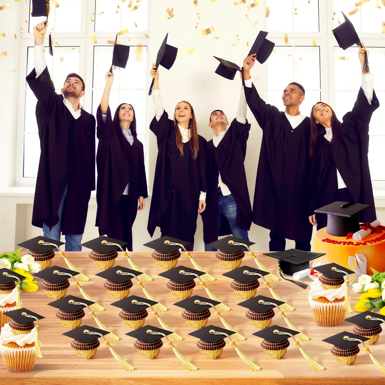 50 Black Graduation Cap Cupcake Toppers Chocolate Mini Decor for 2026 Theme Parties