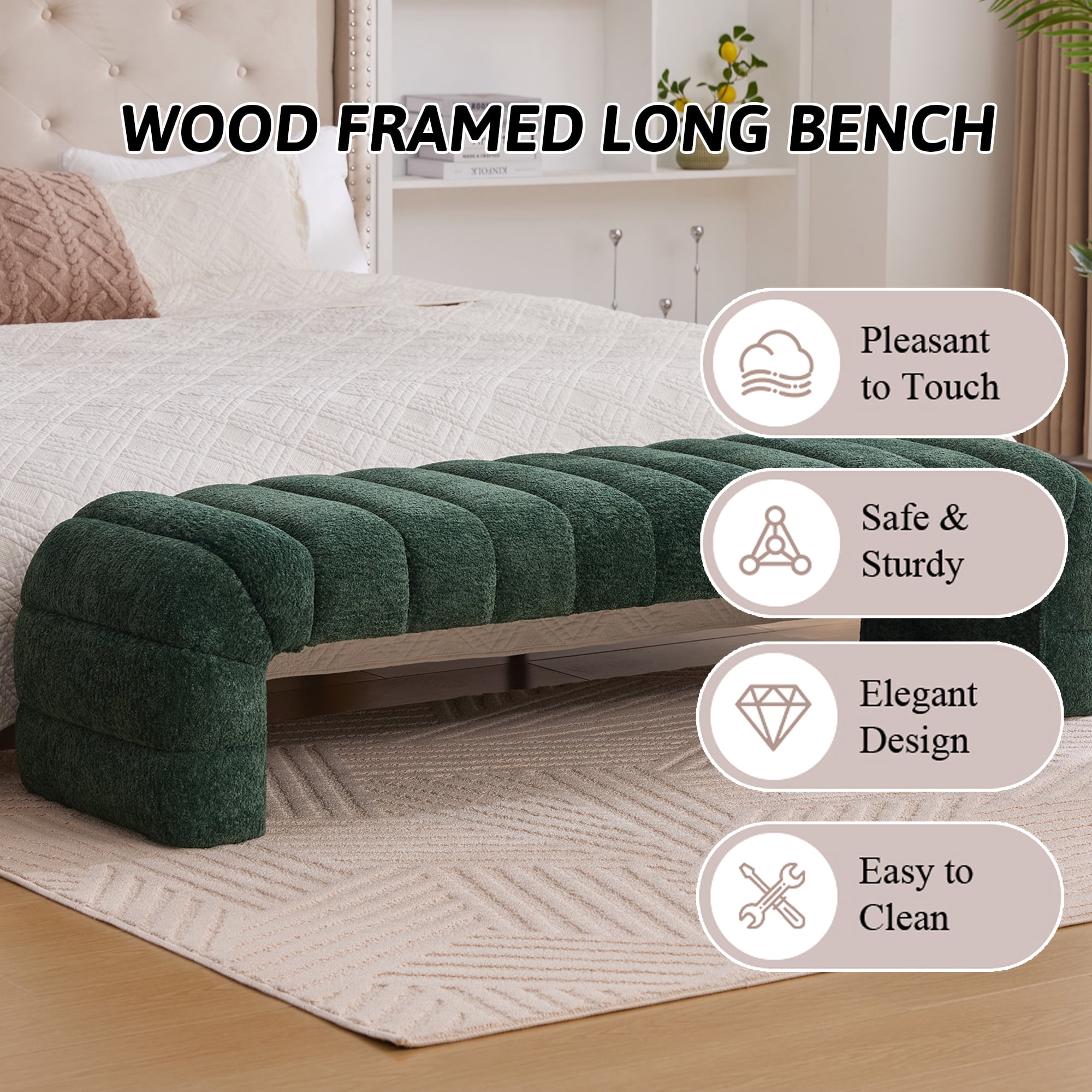 HIUU 70"Green Bench for Bedroom,Bed Benches for Foot of Bed with Streamline Design,Fabric Ottoman Bench with Soft Teddy Fabric,Modern Bedroom Benches for Living Room and Bedroom, Entryway