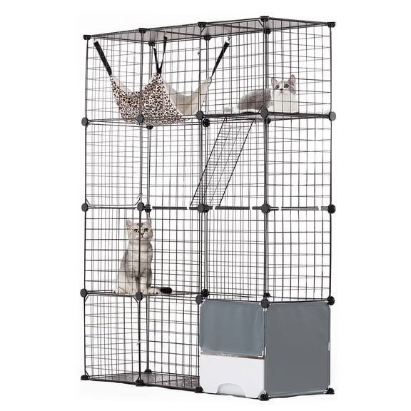 KFFKFF 4-Tier Cat Enclosure 41 x 14 x 55", Large Cat Cage with Hammock, Litter Tray, Ladders, Removable Steel Mesh Cat Habitat Cat Kennel, Black