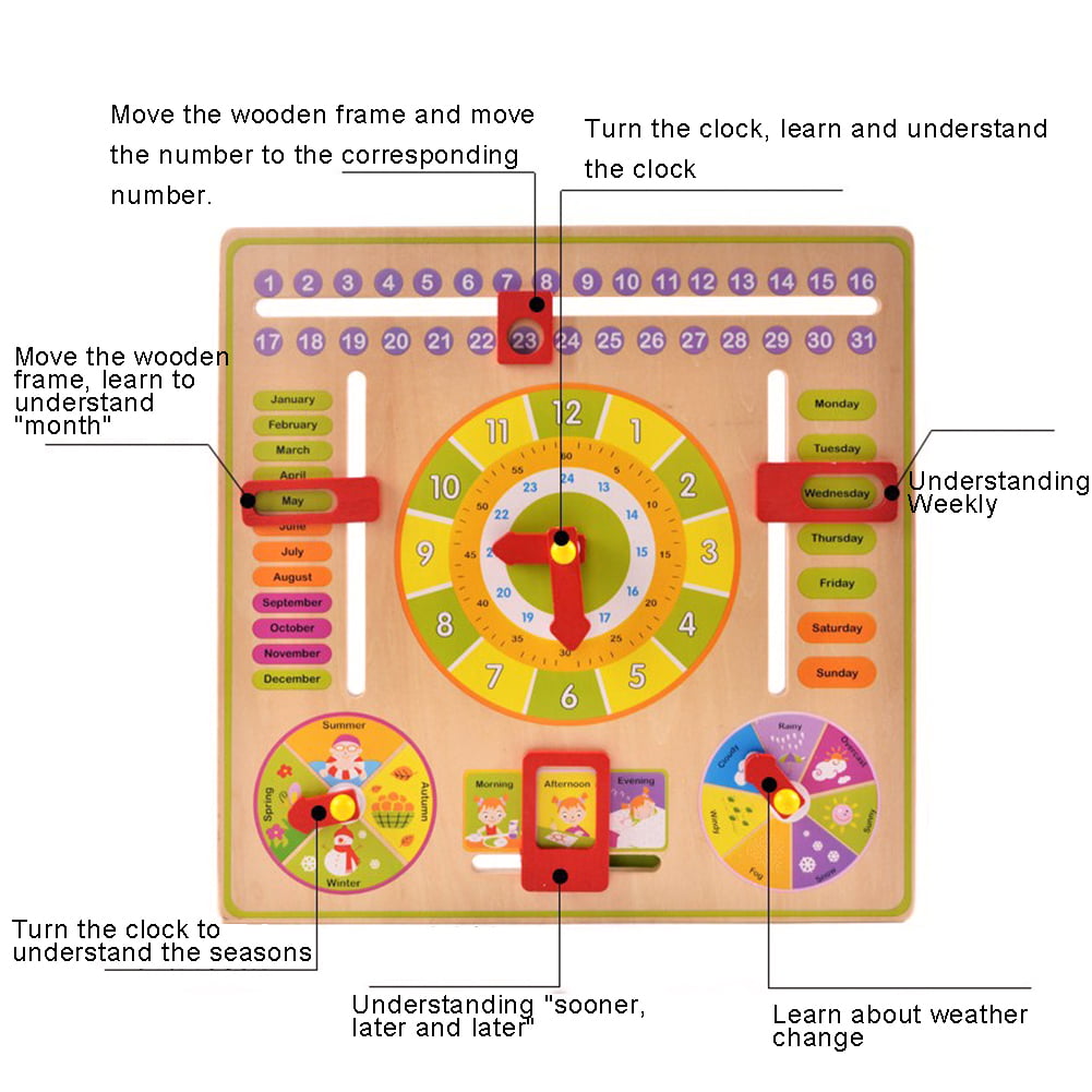 Wooden Calendar Board Teaching Clock Learn Season Date Weather Cognitive Toy 