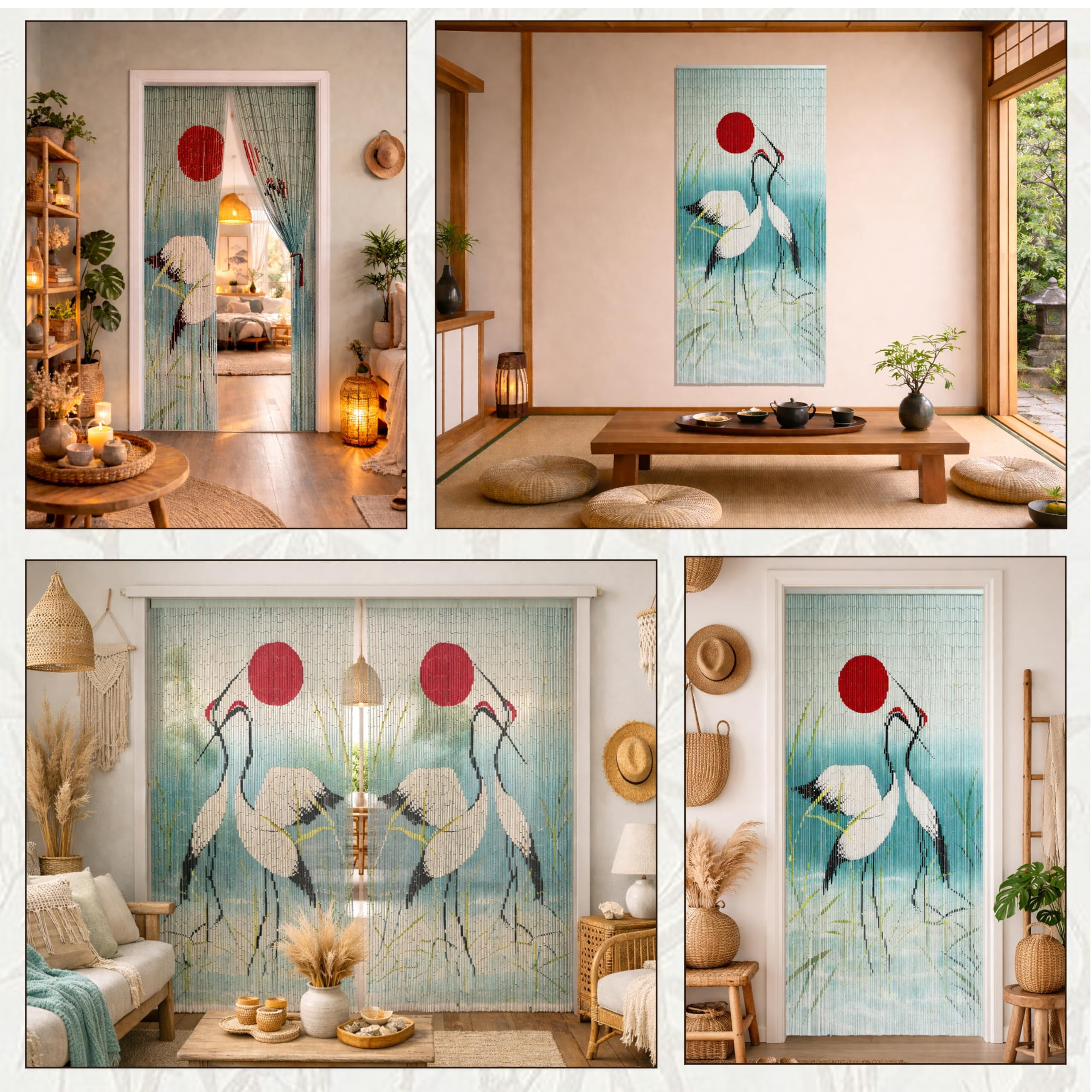 Cranes With Red Sun Curtain Beaded Room Divider and Hanging Blinds