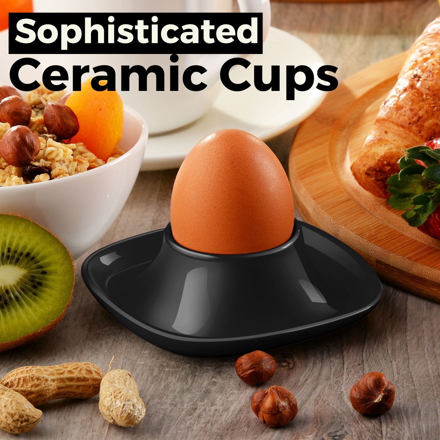Ceramic Egg Cups Set of 6 Half Dozen Pack, Porcelain Hard Soft Boiled Egg Holder Keeper Container with Base, Stackable Serving Dish Plate Stand Serveware for Countertop Display Kitchen Home (Black)