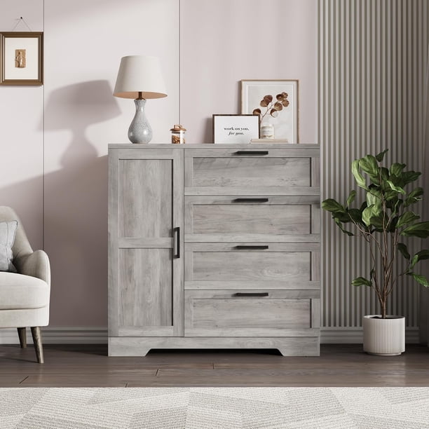 Qinaqin 43.3-Inch Gris de Profundidad Madera Pequeño cm Anchoardrobe Closet con Puerta 4 Cajones y Alturaanging Rod para Dormitorio Laundry Sala o Cloak