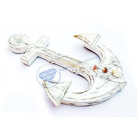Nagina International Antique White Nautical Pine Wood Anchor with Real Sea Shells Snail Shells & Fishing Net - Pirate Nursery Home Decor (30 Inches)