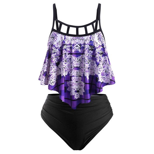 Tallo de talla grande recorte de impresión impulsada por el traje de baño de tankini Rosegal Camisetas sin mangas de talla grande