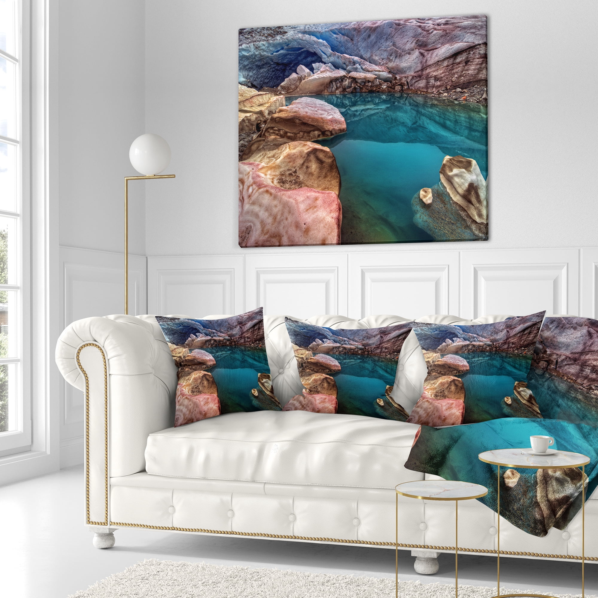 Designart Deep Glacier Cave in Blue - Landscape Printed Throw Pillow - 16x16