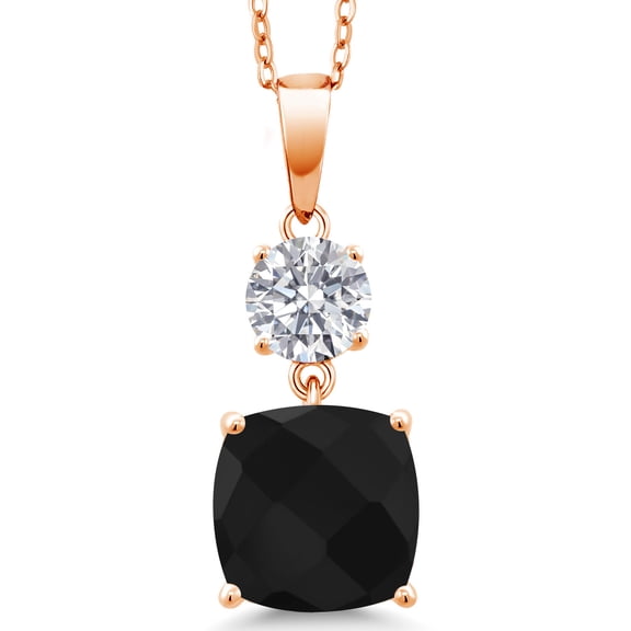 Gem Stone King 18K Rose Gold Plated Silver Black Onyx and Lab Grown Diamond Pendant for Women | 4.54 Cttw | Gemstone December Birthstone | Cushion Checkerboard 10MM