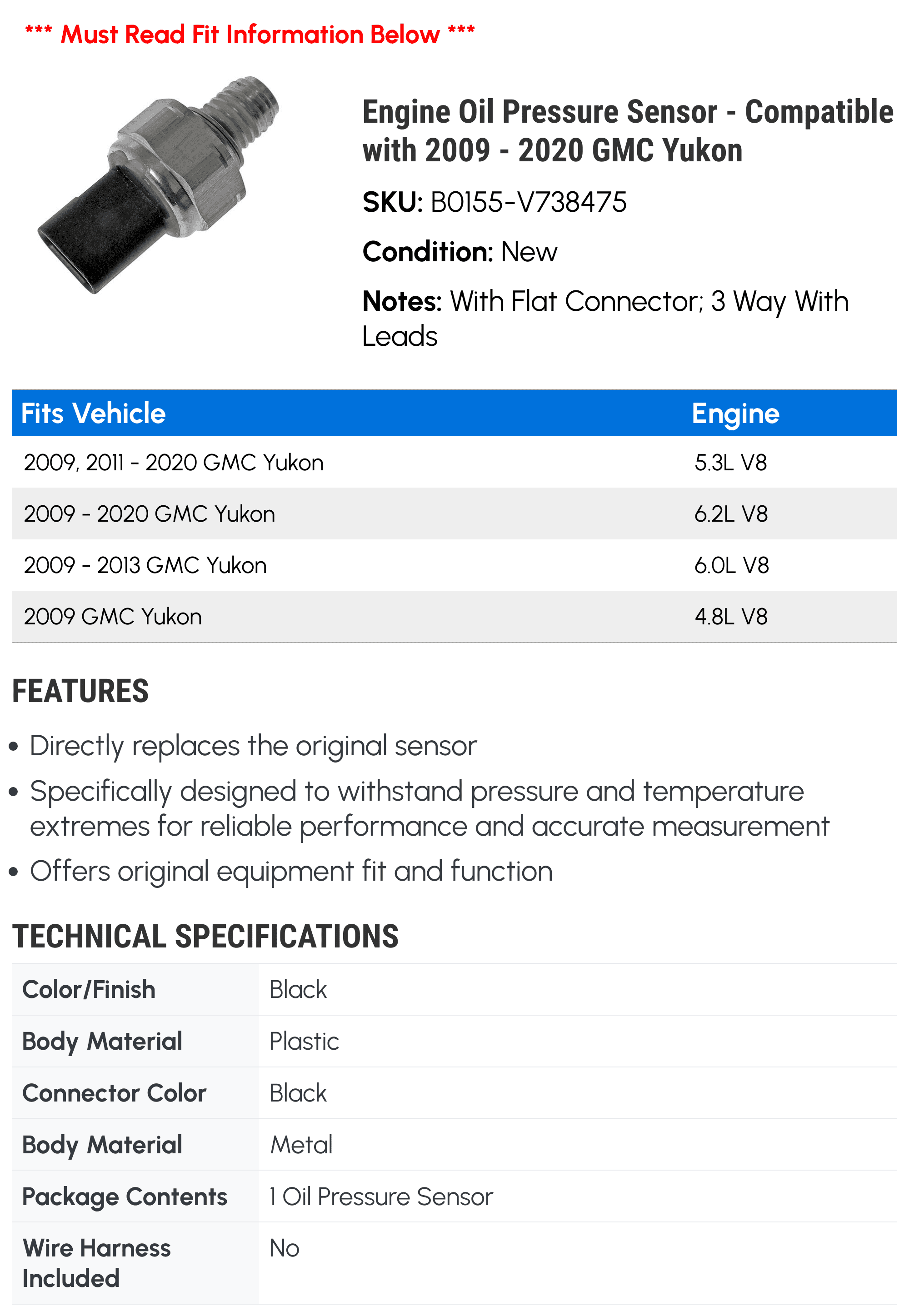 Engine Oil Pressure Sensor - Compatible with 2009 - 2020 GMC Yukon 2010 2011 2012 2013 2014 2015 2016 2017 2018 2019