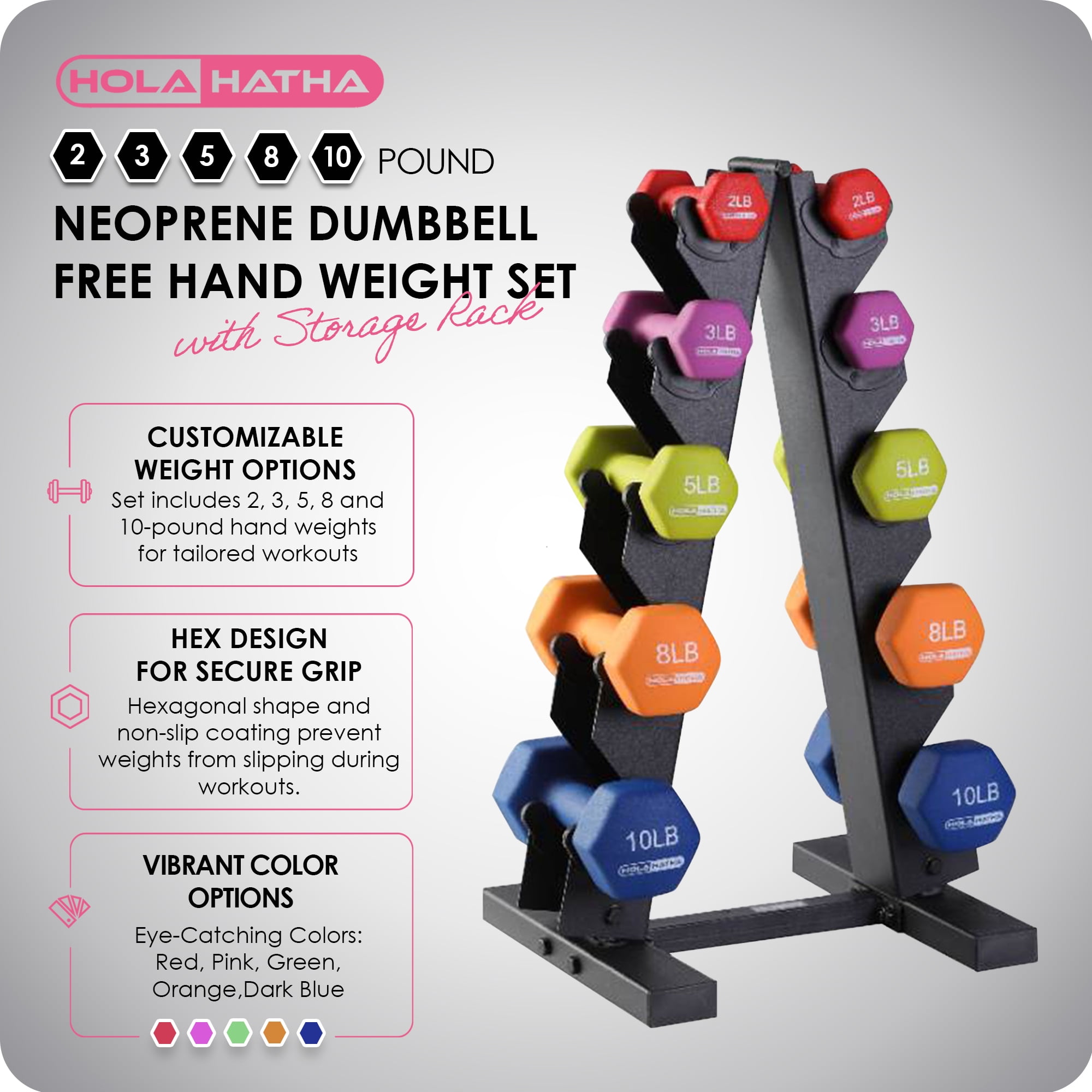 HolaHatha 2 3 5 8 and 10 Pound Neoprene Dumbbell Weight Set with Rack Walmart