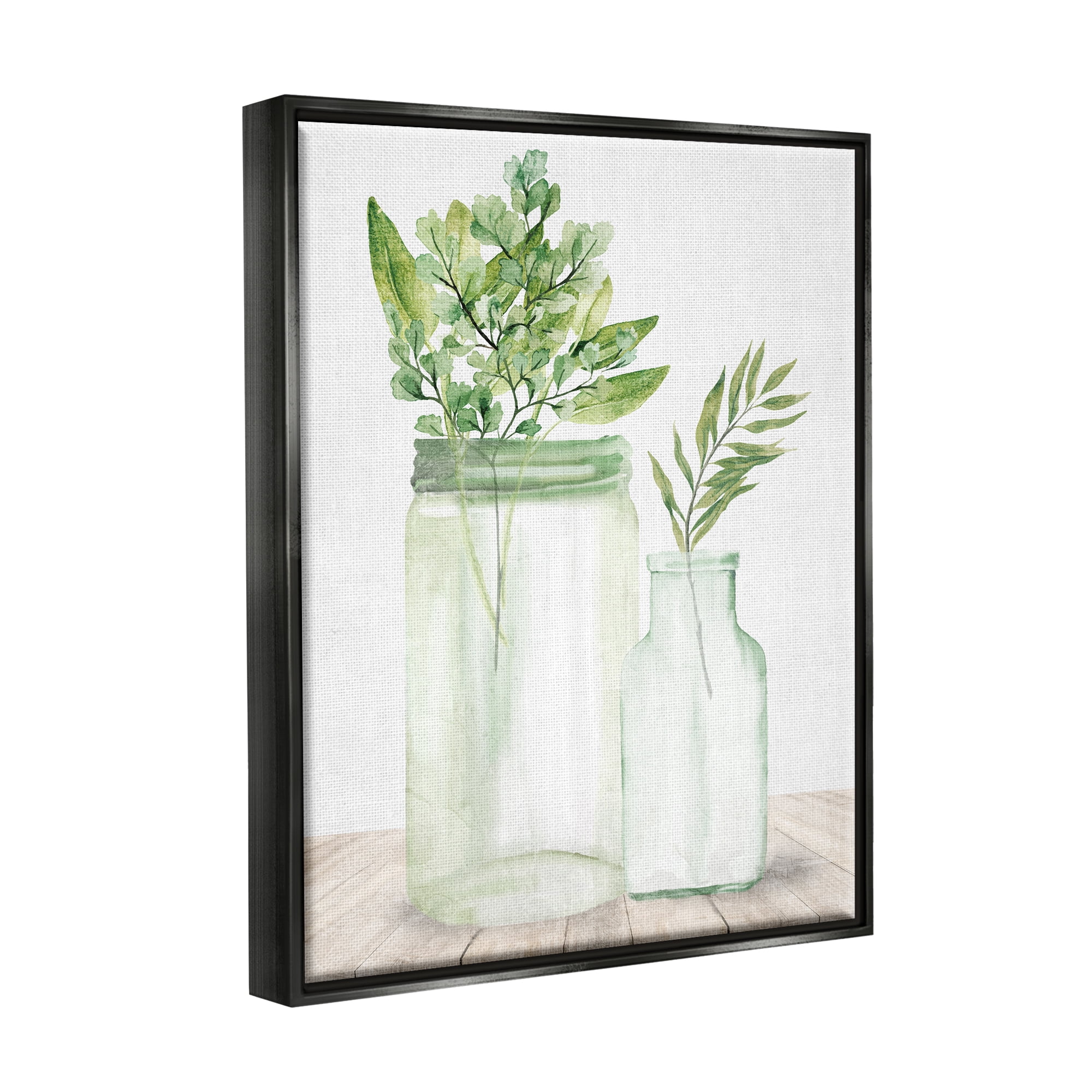 Stupell Industries Country Plant Leaves Rustic Glass Jars Arrangement Graphic Art Jet Black Floating Framed Canvas Print Wall Art, Design by Kim Allen