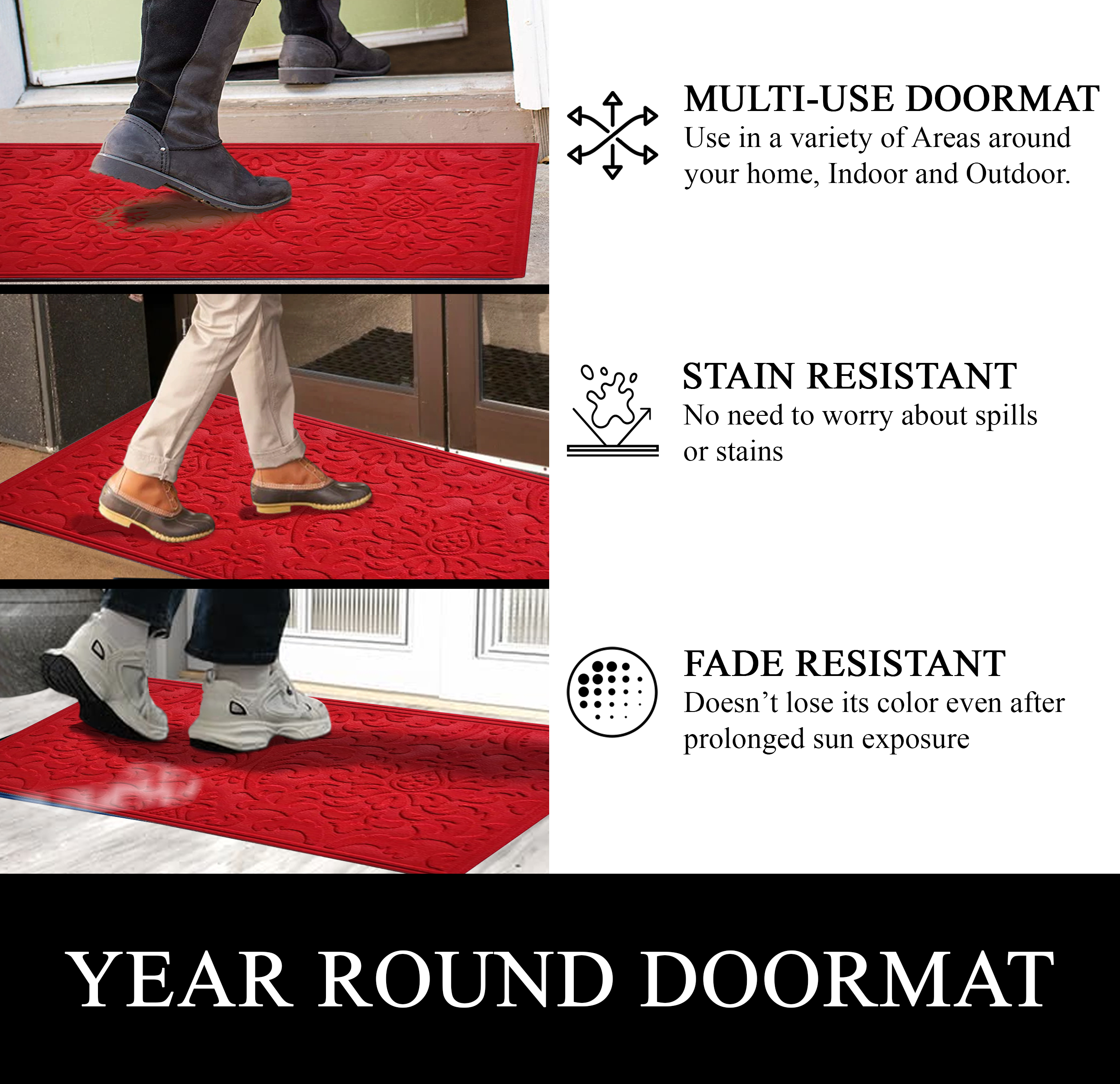 A1HC All Weather Dirt and Moisture Absorbing Polypropylene(PP) Door Mat with Tire Crumb Rubber Backing, Indoor Outdoor Use, Red, 24x36 Inch
