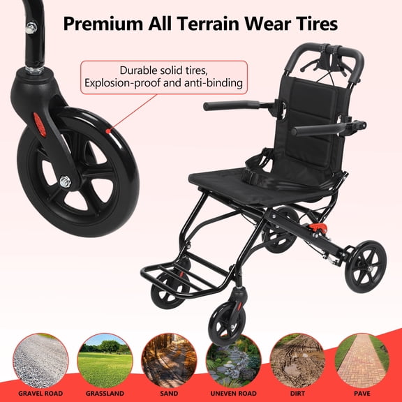 cbehtwi Lightweight Foldable Manual Transport Wheelchair, Narrow Doorway Design for Adults Elderly 220lbs Capacity Travel Chair with Pull Bar