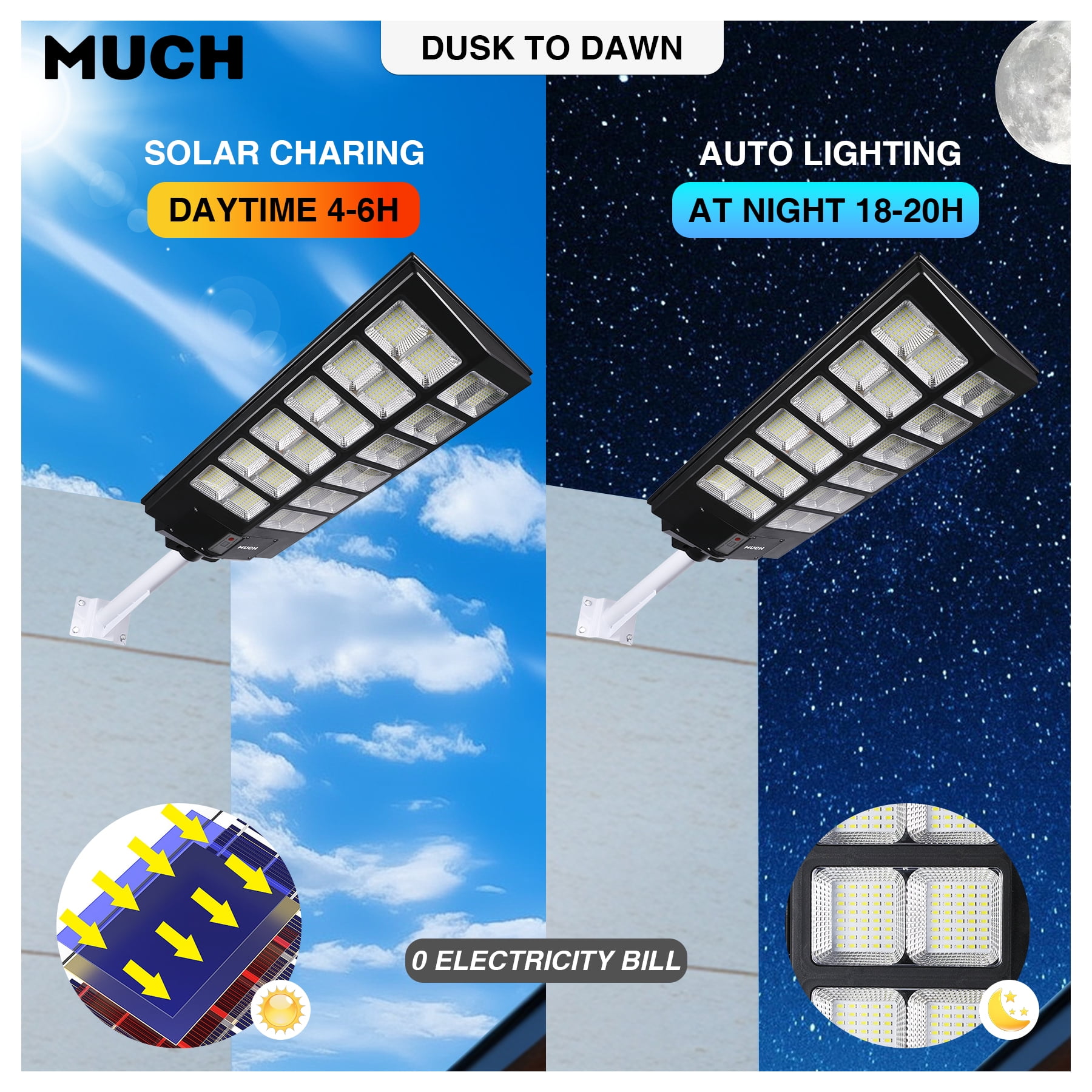 MUCH 10000W Super Bright Solar Street Light with Pole, 960 LED 220° Wide Angel Commercial Parking Lot Lights 35000mAh Outdoor Dusk to Dawn Solar Security Flood Light w/Motion Sensor Remote Control