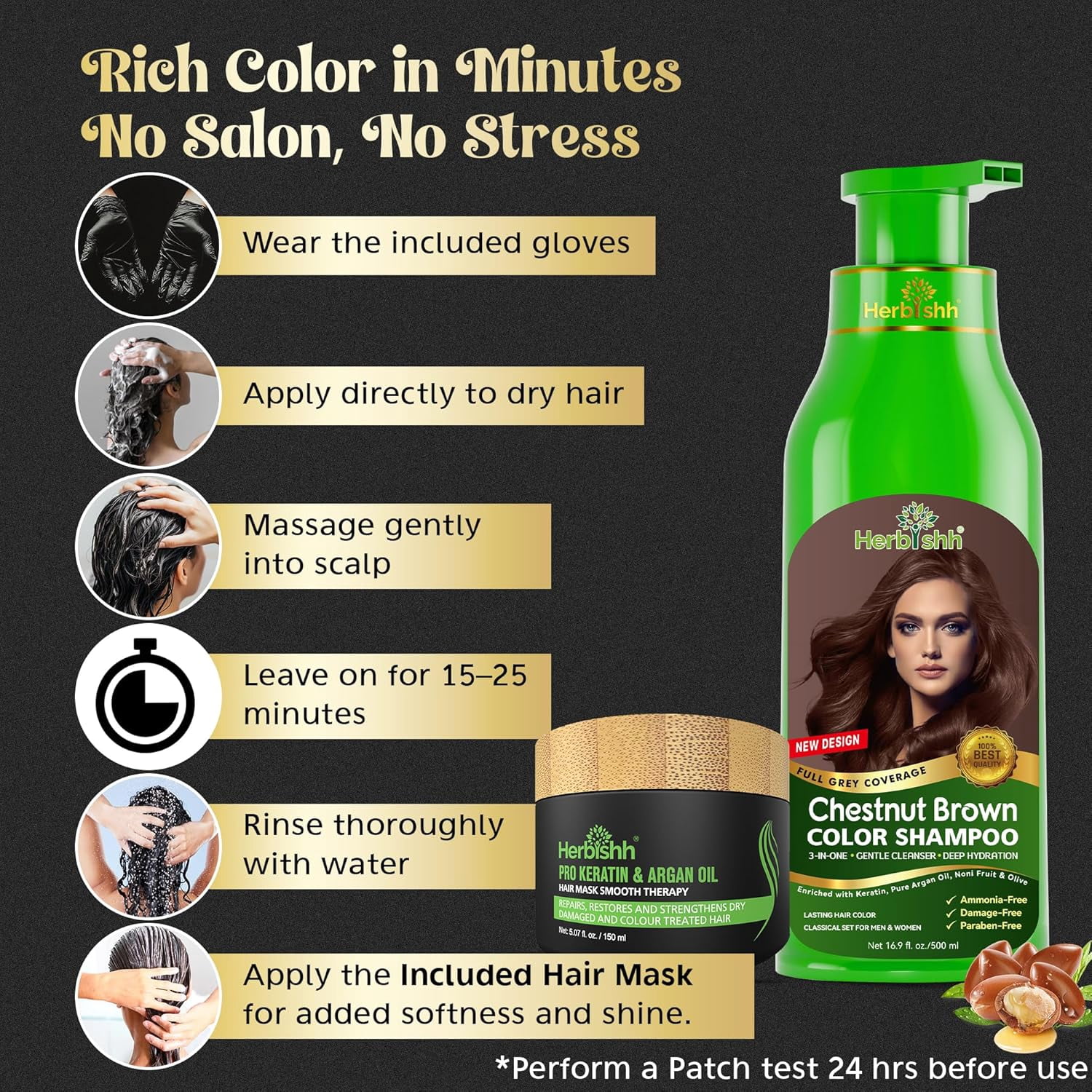 (4 pack) Herbishh Ultimate Hair Color Kit (2 Shampoos + 1 Argan Mask) for Grey Hair - Permanent, Long-Lasting, Easy to Apply for Men and Women (Chestnut Brown)